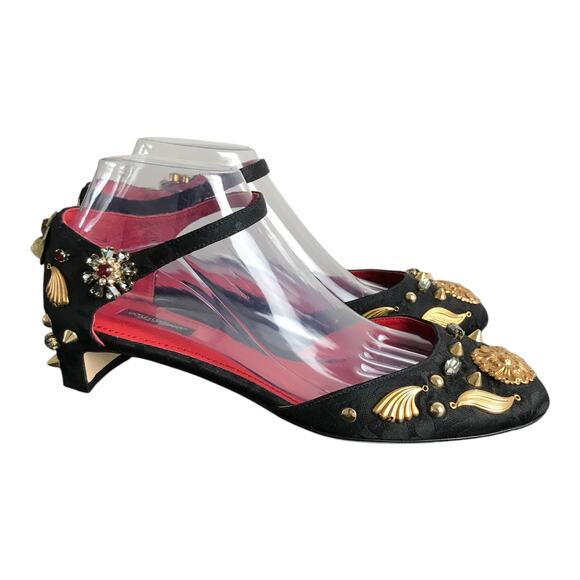 Dolce & Gabbana Ankle Strap Shoe Women US10 EU40 Black Embellished Gold Floral - Picture 5 of 10
